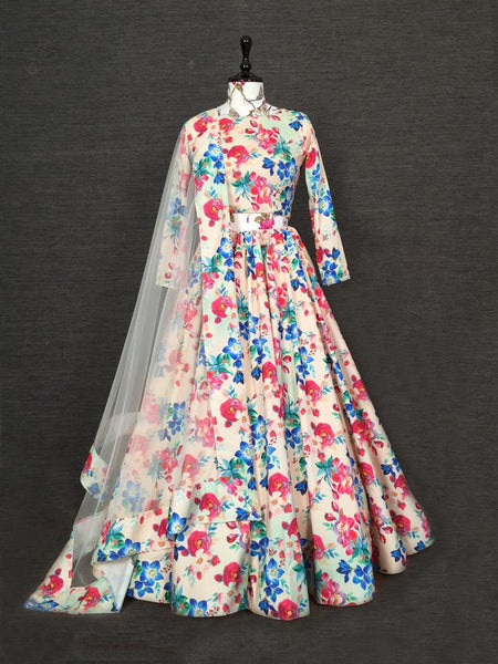 Delightful Multi Color Designer Art Silk Flower Printed Design Lehenga Choli For Ladies