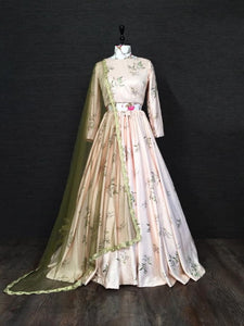 Dazzling Peach Color Designer Satin Flower Design Printed Lehenga Choli For Festive Wear