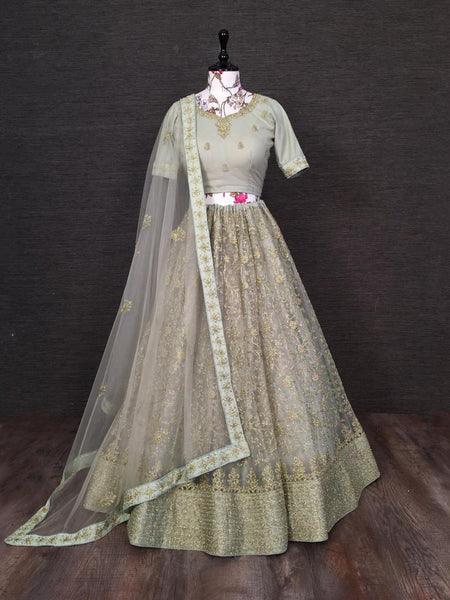 Graceful Light Green Color Traditional Wear Soft Net Designer Glitter Zari Embroidered Work Lehenga CholI