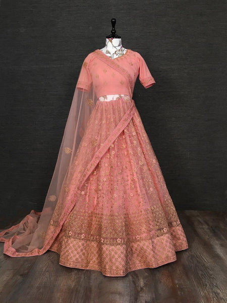 Function Wear Peach Color Ethnic Wear Soft Net Designer Embroidered Zari Glitter Work Lehenga Choli Design
