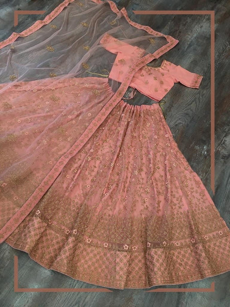 Function Wear Peach Color Ethnic Wear Soft Net Designer Embroidered Zari Glitter Work Lehenga Choli Design