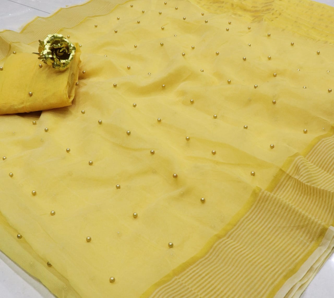Dazzling Yellow Color Designer Tone To Tone Pearl Work Cotton Designer Saree Blouse For Wedding Wear