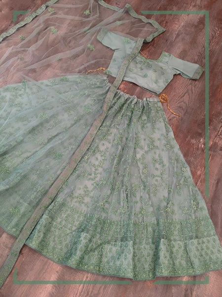 Sensational Green Color Dashing Soft Net Zari Glitter Embroidered Work Occasion Wear Lehenga Choli