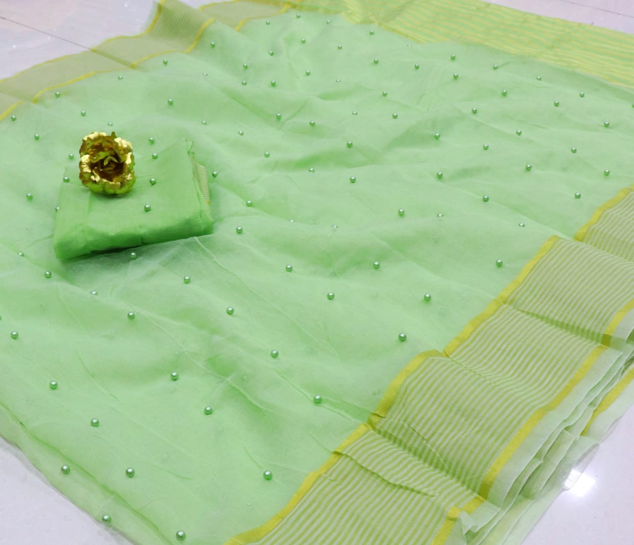 Refreshing Light Green Color Designer Festive Wear Cotton Kota Doriya Tone To Tone Pearl Work Designer Saree Blouse for women