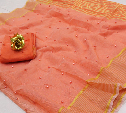 Good looking Peach Color Wedding Wear Pearl Tone To Tone Work Kota Doriya Cotton Fancy Designer Saree Blouse