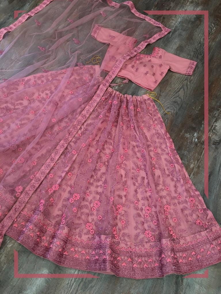 Imperial Pink Color Soft Net Ladies Wear Embroidered Zari Glitter Design Work Lehenga Choli