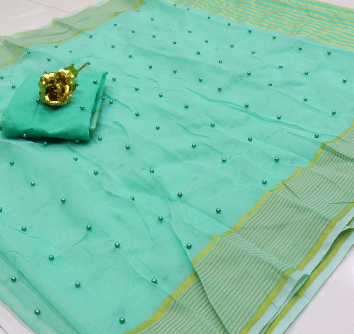 Mind blowing Light Blue Color Party Wear Cotton Pearl Tone To Tone Work Kota Doriya Designer Saree Blouse for women