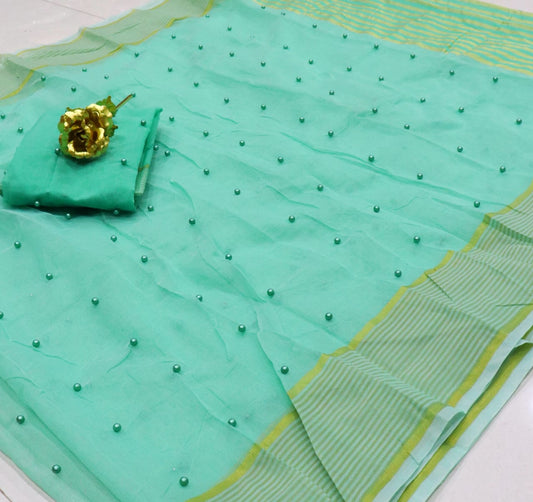 Mind blowing Light Blue Color Party Wear Cotton Pearl Tone To Tone Work Kota Doriya Designer Saree Blouse for women