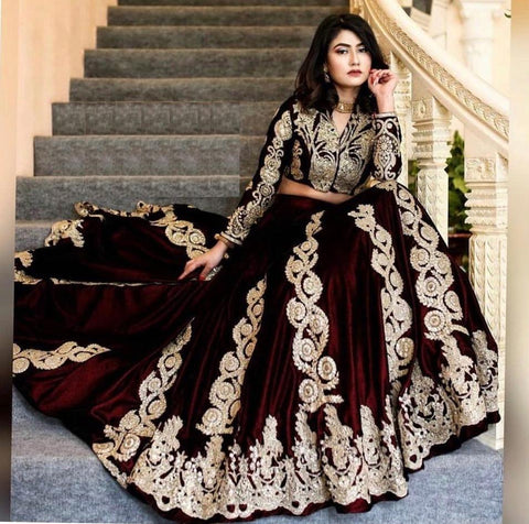 Tremendously Brown Color Wedding Wear Dashing Velvet Embroidered Work Lehnega Choli