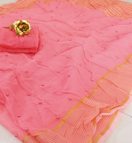 Delightful Light Pink Color Function Wear Designer Cotton Pearl Tone To Tone Work Kota Doriya Designer Saree Blouse