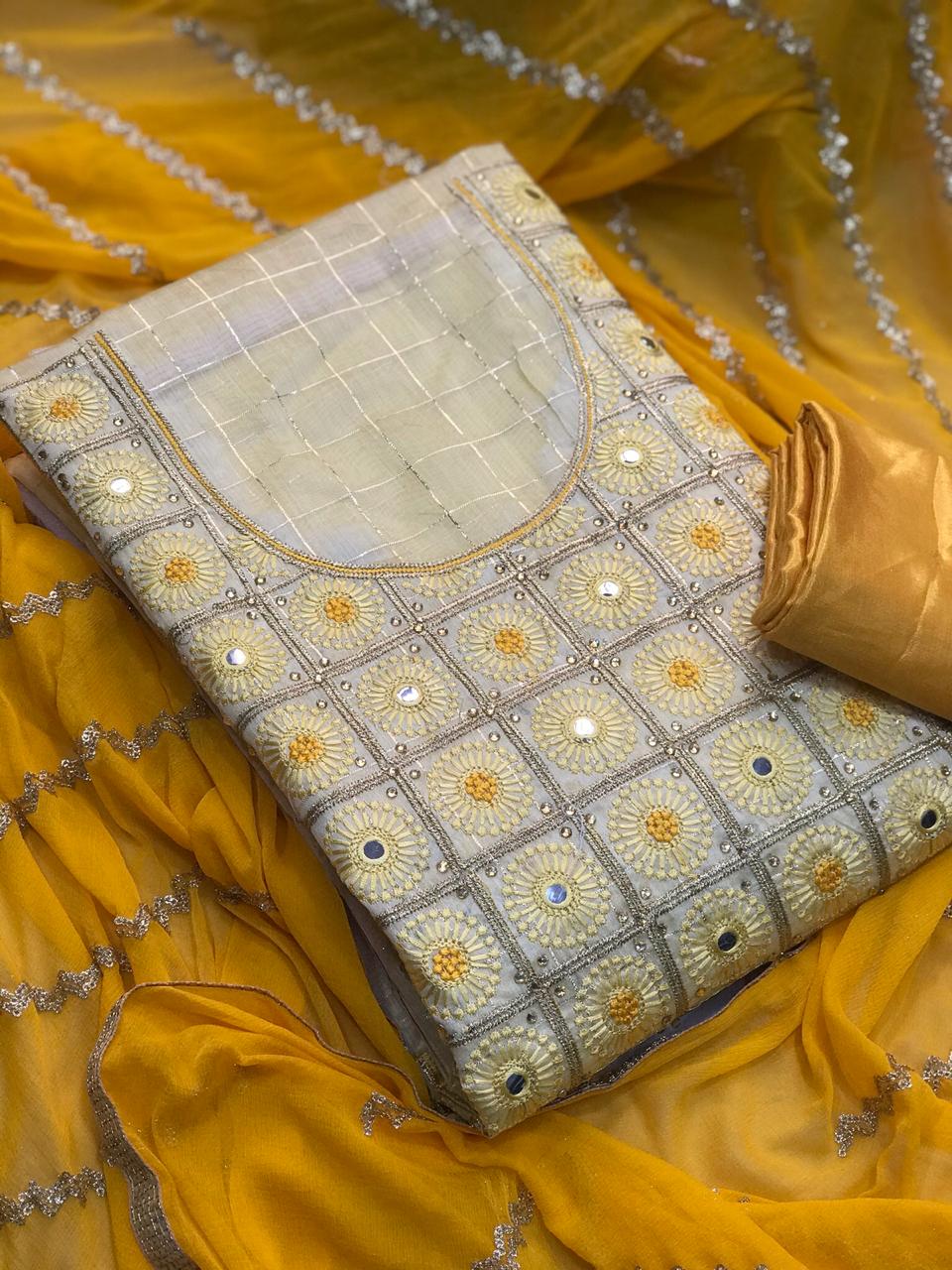Entrancing Mustard Color Designer Modal Silk Embroidered Semi Modar Chex Work Salwar Suit For Festive Wear