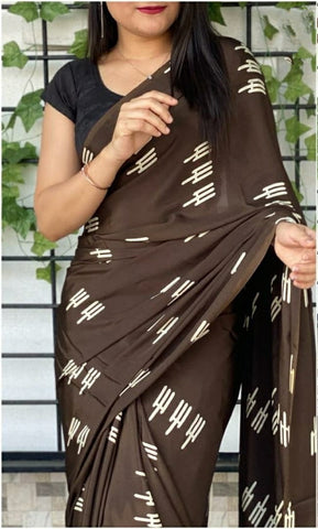 Good-looking Brown Color Festive Wear Designer Crape Silk Fancy Printed Saree Blouse