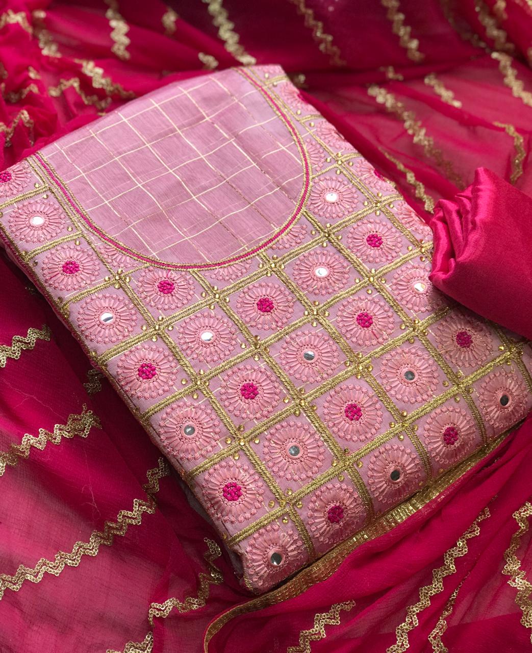 Eye catching Pink Color Designer Embroidered Work Modal Silk Chex Salwar Suit For Wedding Wear