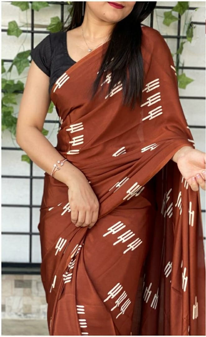 Lovable Copper Color Stylish Printed Silk Crape Design Saree Blouse For Festival Wear