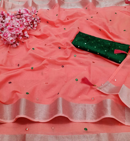 Wonderful Light Pink Designer Linen Cotton Fancy All Over Mirror Work Designer Saree Blouse For Wedding Wear
