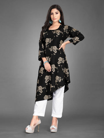 Capricious Black Color Ready Made Cotton Rayon Foil Printed Design Pent Kurti For Ladies