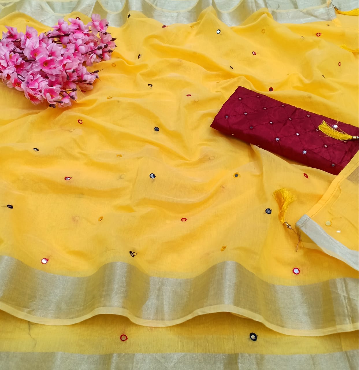 Wedding Light Yellow Color Festive Wear All Over Mirror Work Fancy Cotton Linen Designer Saree Blouse