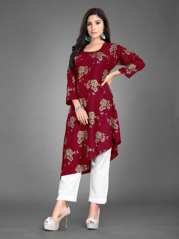Artistic Maroon Color Casual Wear Cotton Foil Printed Rayon Full Stitched Kurti Pent