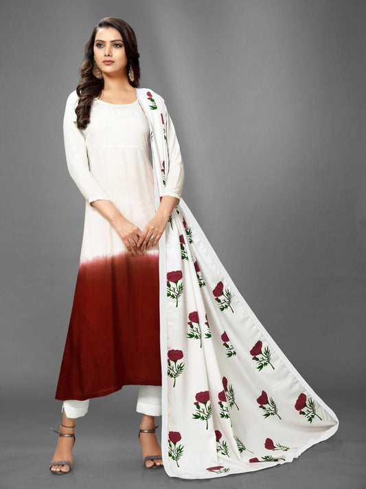 Bewildering White Color Double Shaded Cotton Rayon Ready Made Salwar Suit For Casual Wear