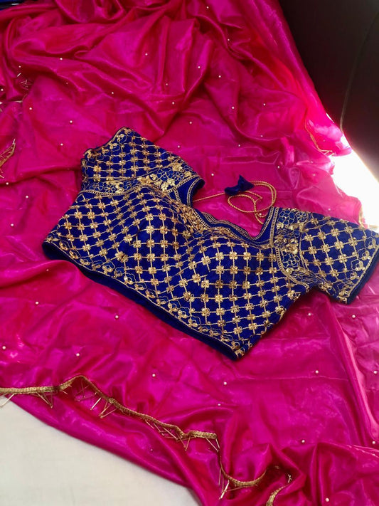Sophisticated Rani Pink Color Party Wear Jhalar Work Designer Paper Silk Saree Blouse For Ladies