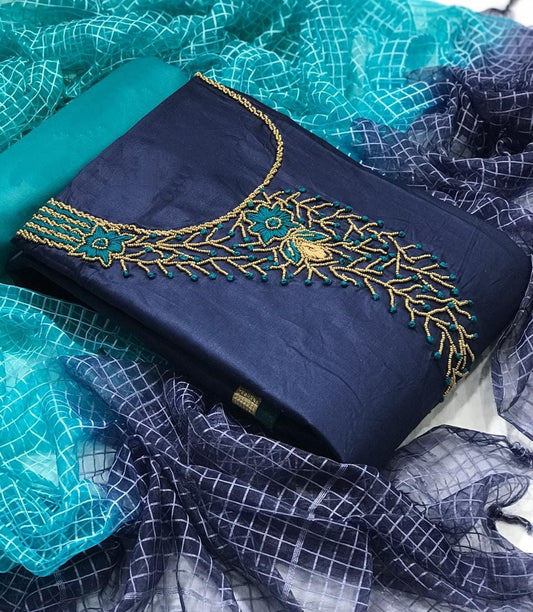 Glorious Navy Blue Color Festive Wear Jam Cotton Designer Hand Work Salwar Suit for women
