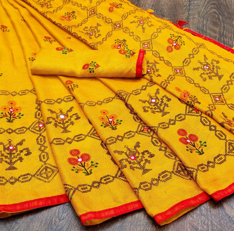 Blooming Yellow Color Designer Printed Jute Silk Foil Mirror Work Festive Wear Saree Blouse