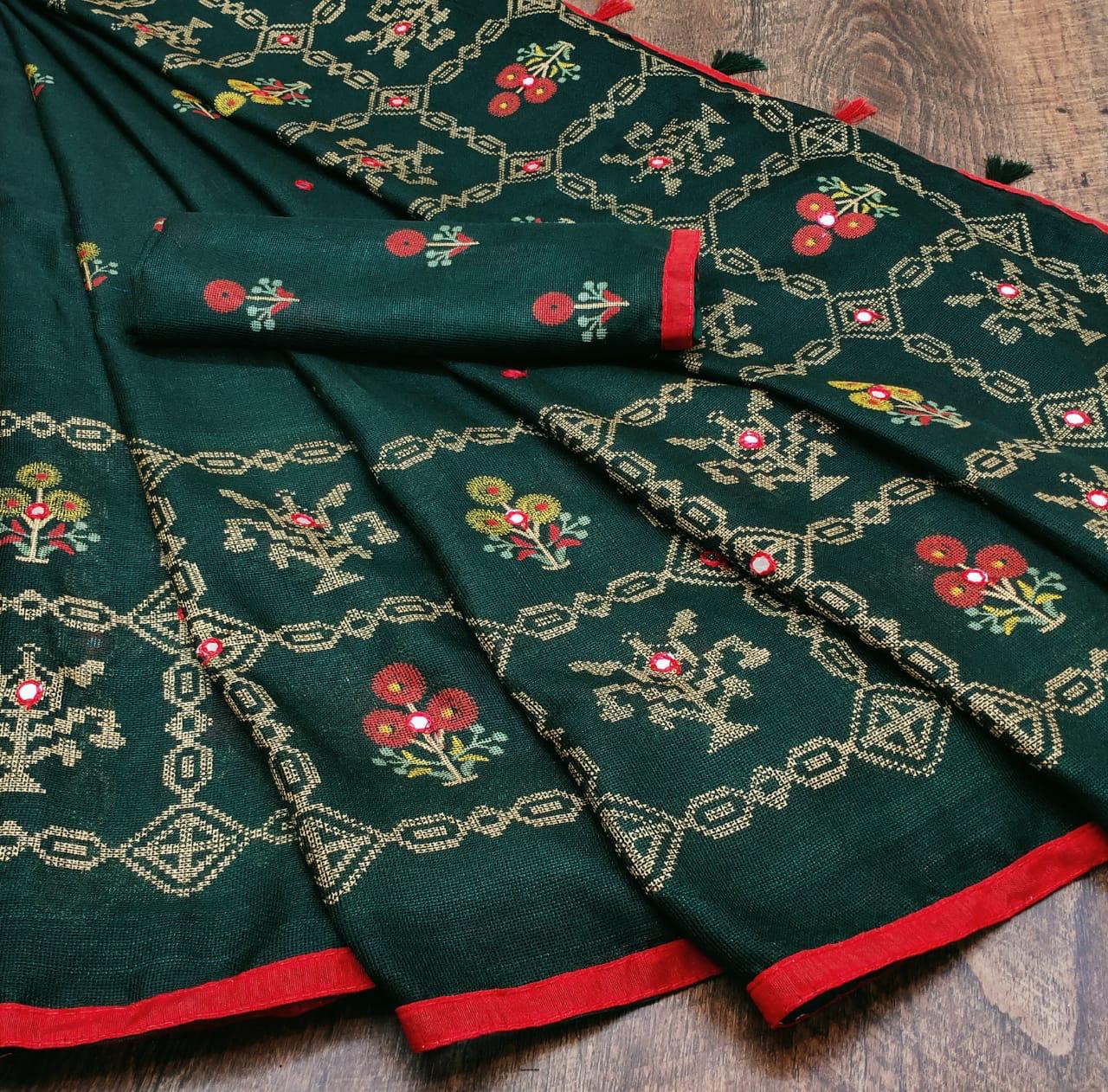 Flattering Bottle Green Color Occasion Wear Designer Mirror Foil Work Printed Saree Blouse