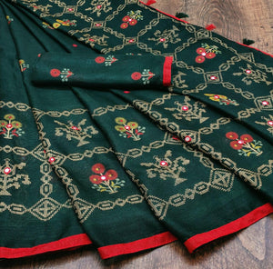 Flattering Bottle Green Color Occasion Wear Designer Mirror Foil Work Printed Saree Blouse