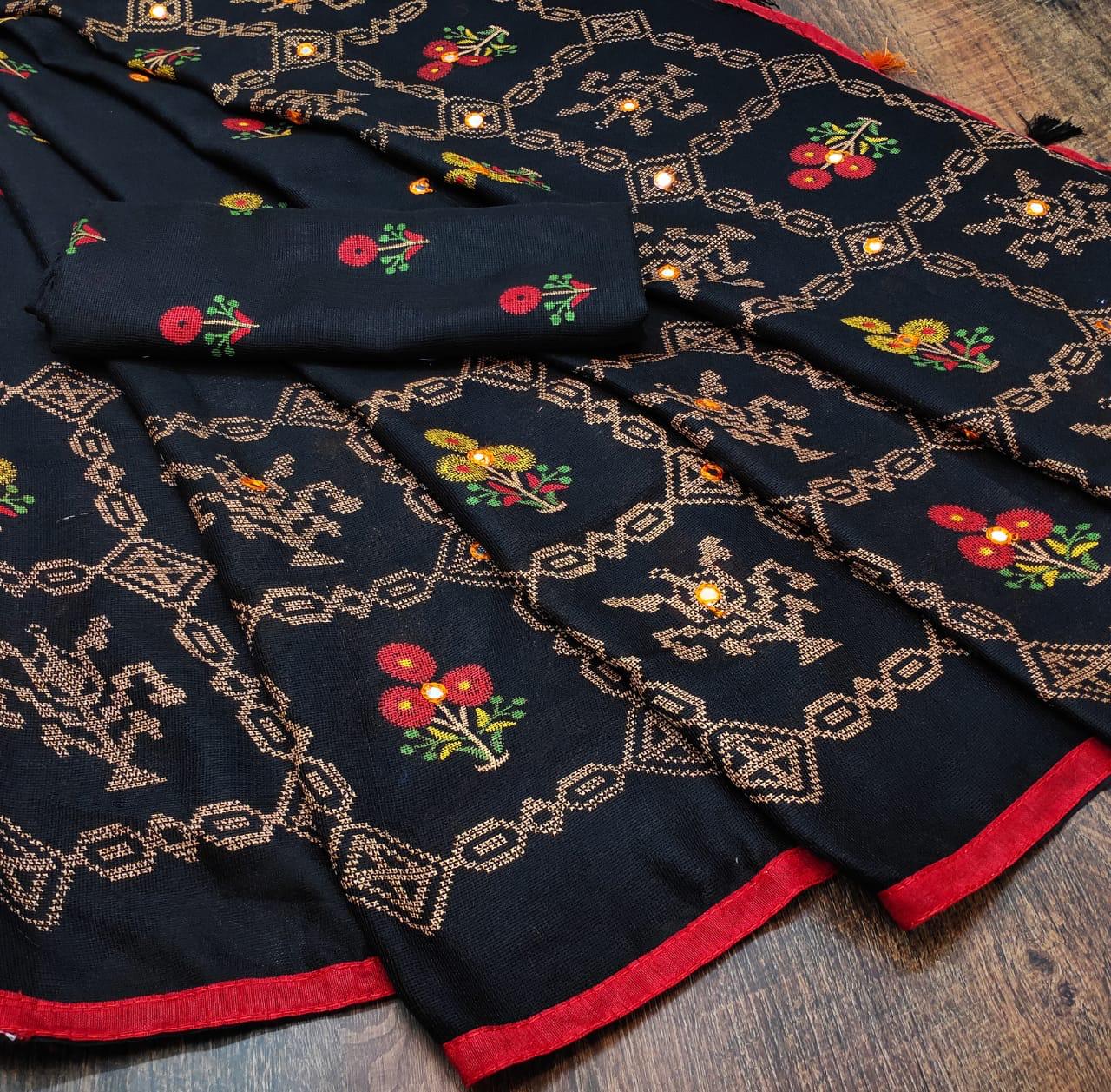 Bewildering Black Color Jute Printed Silk Design Foil Mirror Work Fancy Saree Blouse For Ladies