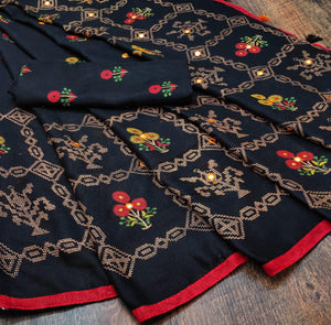 Bewildering Black Color Jute Printed Silk Design Foil Mirror Work Fancy Saree Blouse For Ladies