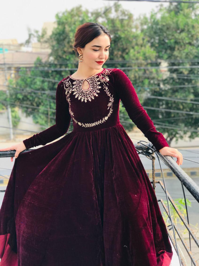 Exceptional partywear Maroon Color Full Stitched Velvet Embroidered Work Designer Gown for women