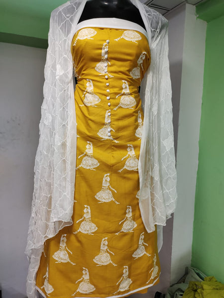 Prodigious Mustard Color Printed Design Cotton Salwar Suit For Ladies