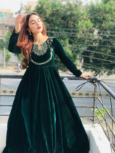 Partywear Rama Green Color Wedding Wear Embroidered Work Fancy Velvet Ready Made Gown