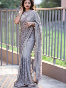 Stunning Grey Color Designer Soft Net Chain Stitch Stone Fancy Work Wedding Wear Designer Saree Blouse