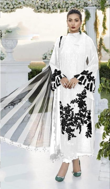 Energetic White Color Festive Wear Cotton Embroidered Work Lovely Design Salwar Suit