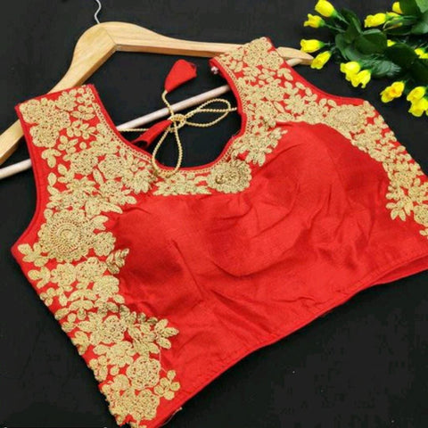 Staggering Red Color Occasion Wear Full Stitched Stone Hand Coding Work Phantom Silk Blouse For Ladies