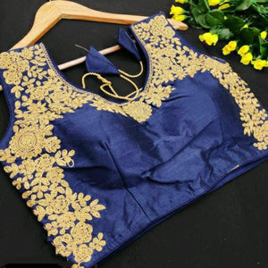 Fashionable Blue Color Gorgeous Ready Made Phantom Silk Designer Stone Coding Hand Work Blouse