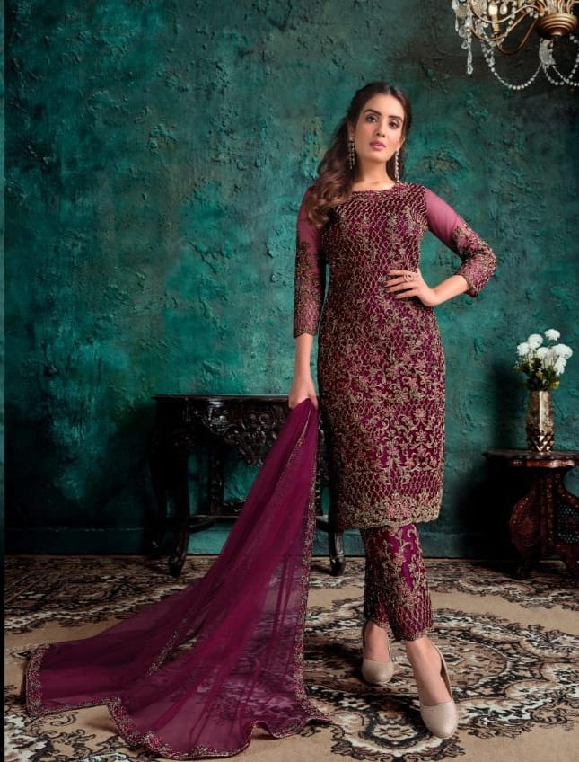 Flamboyant Wine Color Super Soft Net Wedding Wear Designer Embroidered Work Salwar Suit