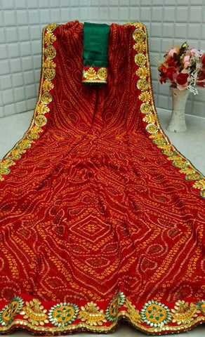 Winning Red Color Bandhani Printed Georgette Designer Function Wear Gotta Patti Work Lace Saree Blouse
