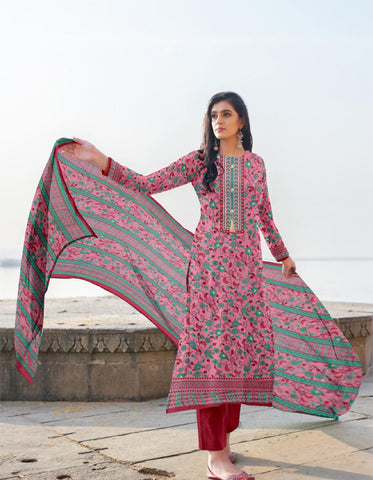 Blooming Pink Color Fancy Floral Flower Printed Cotton Design Salwar Suit For Ladies