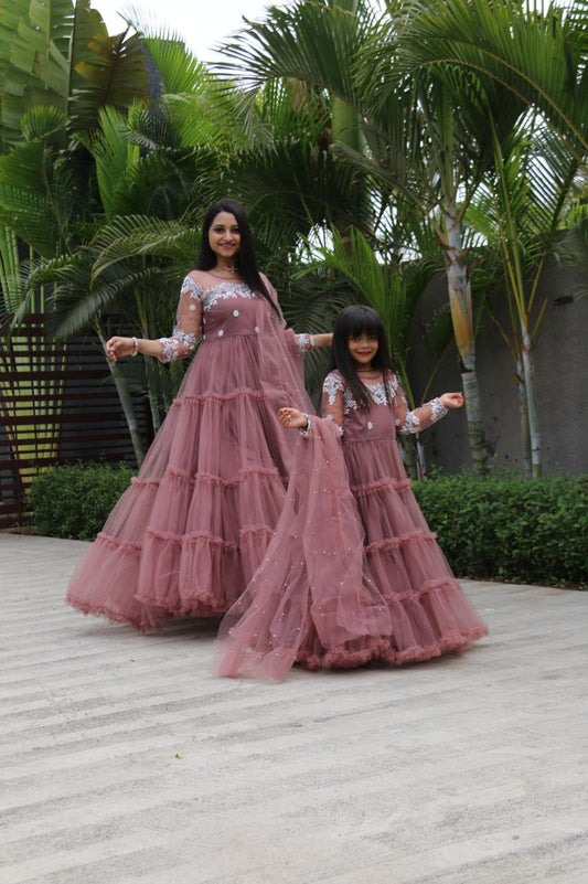 Pink Color Wedding Wear Soft Net Ruffle Embroidered Work Dashing Mother Daughter Combo Gown