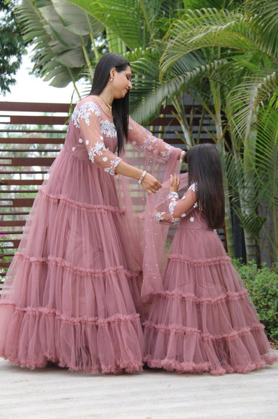 Pink Color Wedding Wear Soft Net Ruffle Embroidered Work Dashing Mother Daughter Combo Gown
