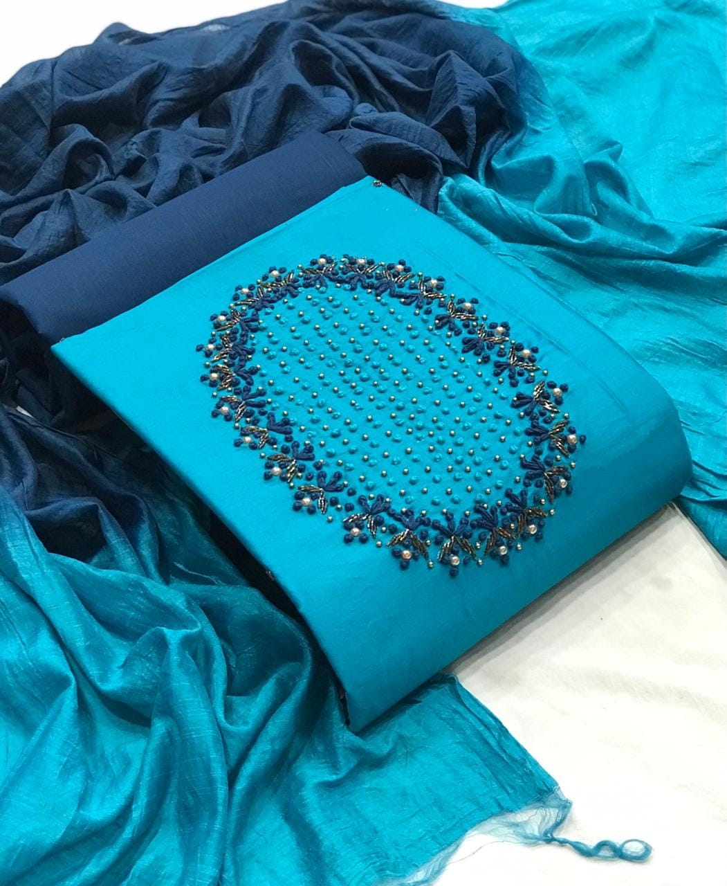 Outstanding Sky Blue Color Fancy Hand Work Jam Cotton Salwar Suit For Festive Wear