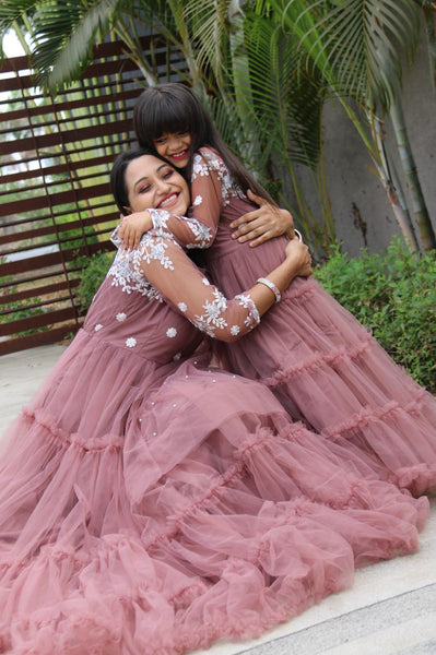 Pink Color Wedding Wear Soft Net Ruffle Embroidered Work Dashing Mother Daughter Combo Gown