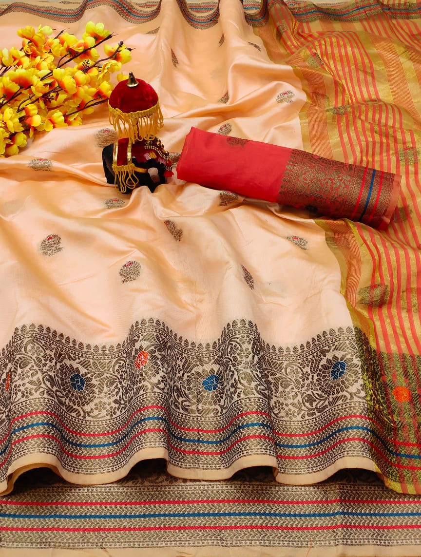 Stunning Light Peach Color Designer Lichi Silk Weaving Border Butta Work Designer Saree Blouse For Wedding Wear