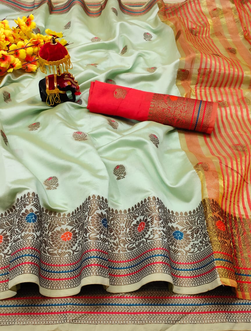 Demanding Sea Green Color Fancy Weaving Border Butta Work Lichi Silk Designer Saree Blouse For Party Wear