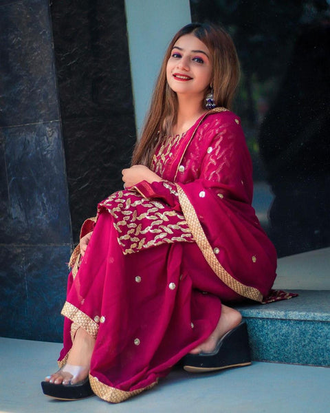 Amazaballs Rani Pink Color Wedding Wear Georgette Sequence Embroidered Fancy Work Ready Made Plazo Salwar Suit