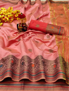 Magnetic Pink Color Designer Lichi Silk Beautiful Weaving Border Butta Work Designer Saree Blouse For Function Wear
