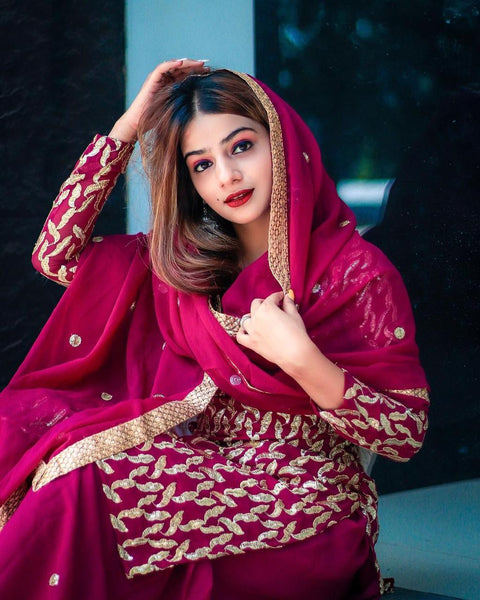 Amazaballs Rani Pink Color Wedding Wear Georgette Sequence Embroidered Fancy Work Ready Made Plazo Salwar Suit