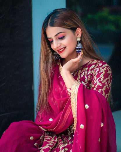 Amazaballs Rani Pink Color Wedding Wear Georgette Sequence Embroidered Fancy Work Ready Made Plazo Salwar Suit